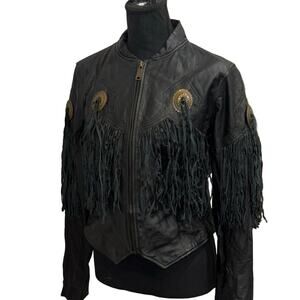 Vintage 70s Pioneer Wear Black Leather Fringe Western Jacket Size 12/ MEDIUM